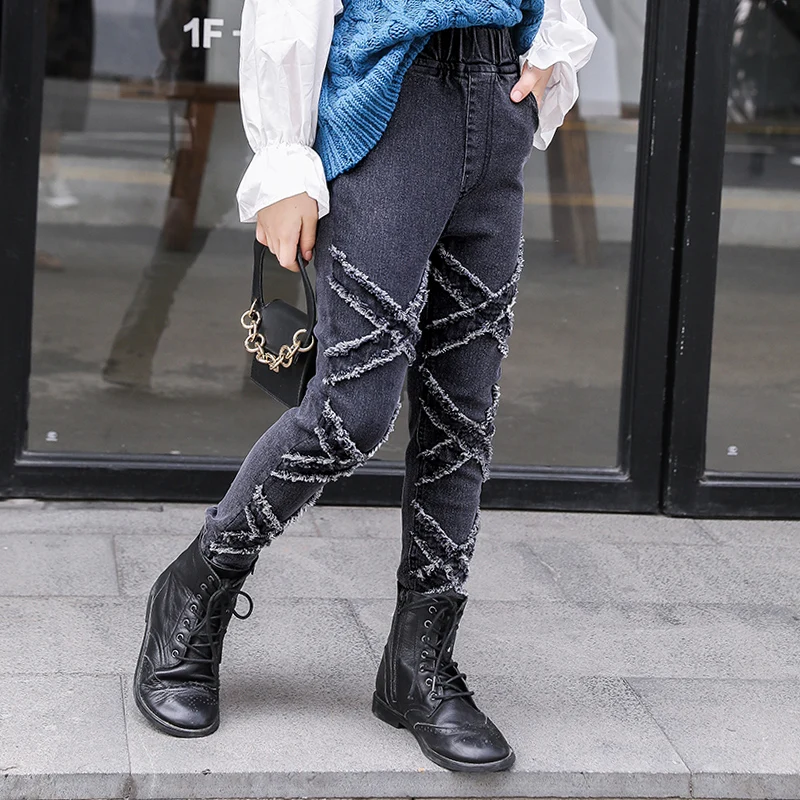 Детские джинсы для девочек черные облегающие эластичные джинсовые брюки с