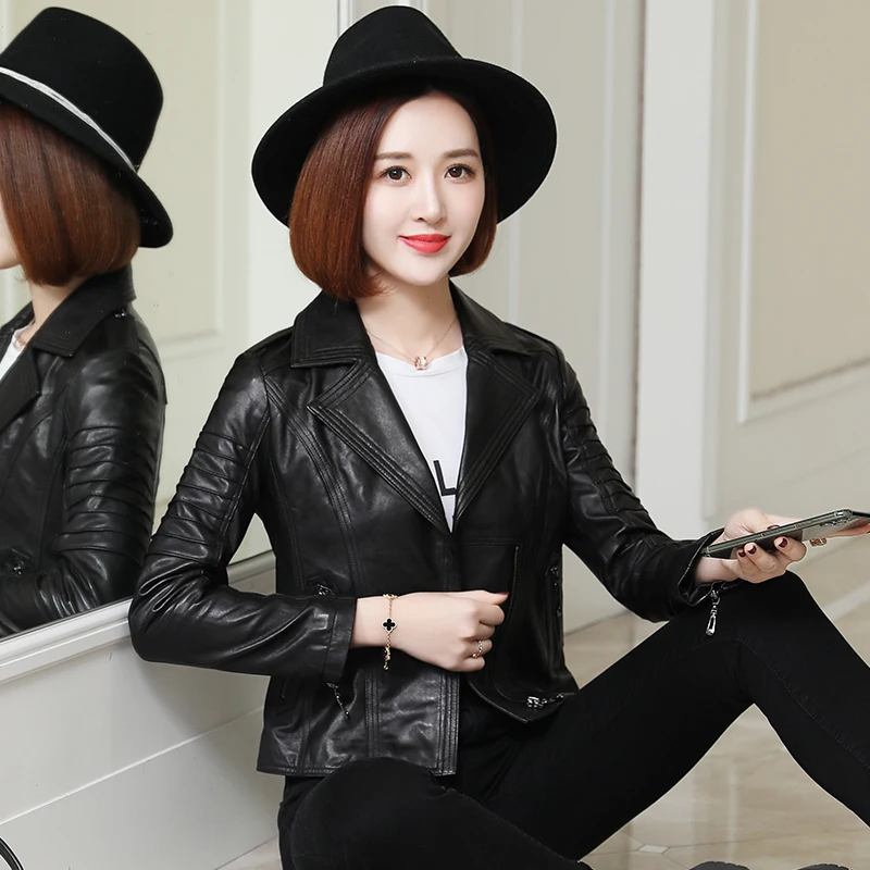 

JCHB 2021 Haining spring genuine new leather coat women's short sheepskin lapel slim small leather coat high waist coat
