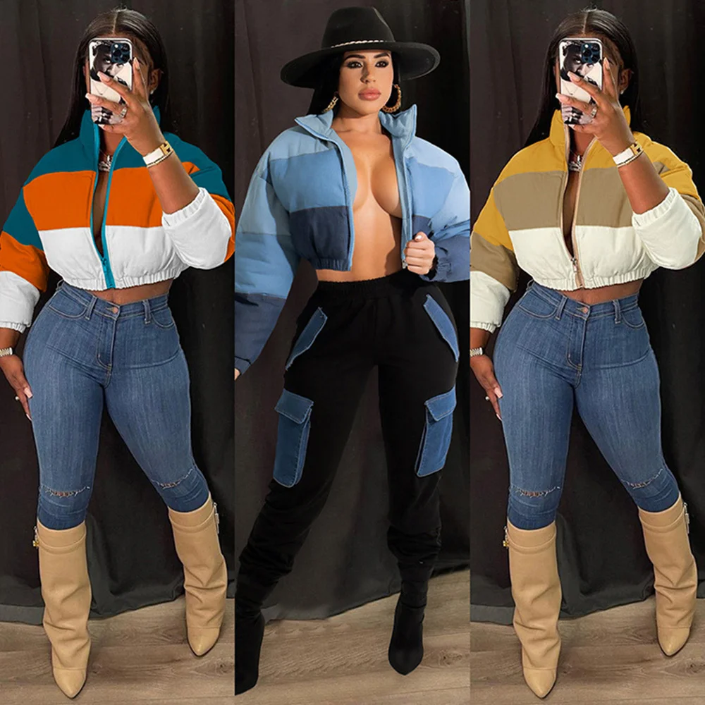 

Echoine Winter Warm Patchwork Bubble Coat Casual Short Jacket Stand Collar Cropped Club Down Jacket For Women Thick Puffer Coat