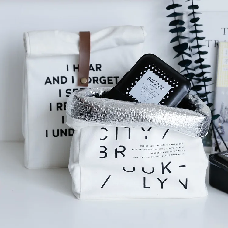 

Cotton Lunch Box Bag Simple Letters Insulation Picnic Pack Fresh Cloth Bag Food Container V-coool Students Travel Container