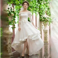 vintage style high low wedding dresses off shoulder half sleeve flower belt lace organza short frong long back bridal gown