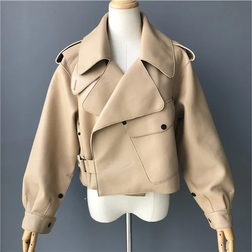 Beige Из натуральной кожи; сезон осень куртка Для женщин Хай-стрит в режиме реального пальто из овчины; Весенняя Новая модная женская кожаная куртка - Цвет: Beige