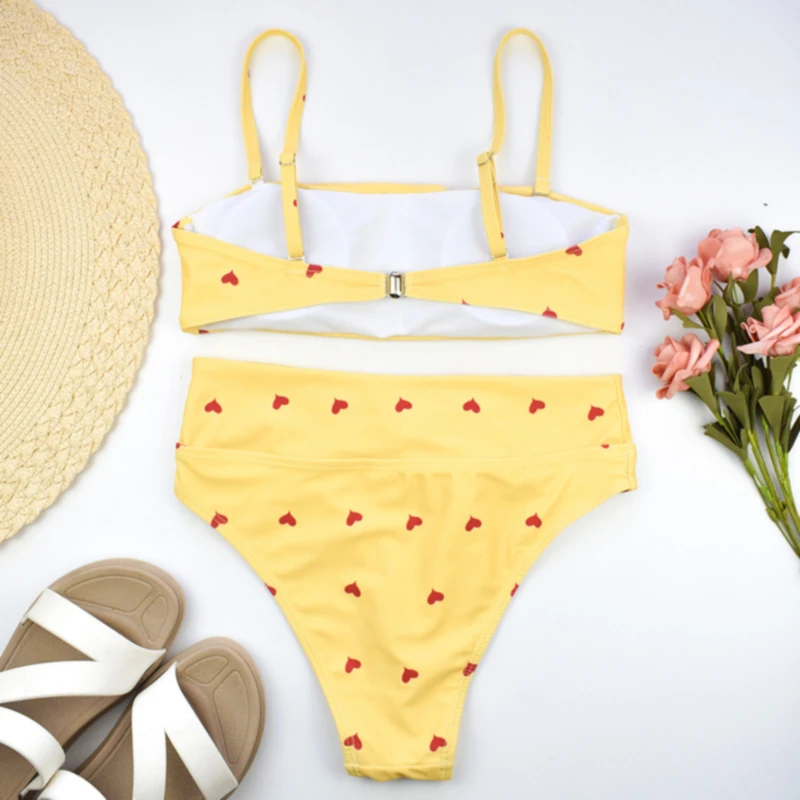 

2020 New Ladies Bikini Sexy Split Thin Shoulder Strap High Waist Love Print Summer Simple Triangle Bathing Suit Bikini Swimsuit