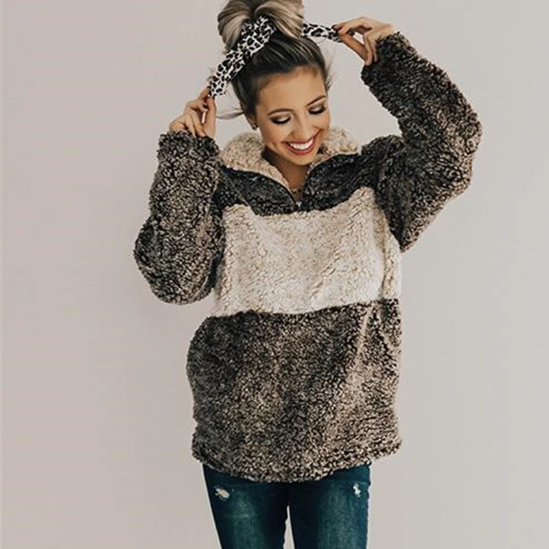 Женская толстовка с капюшоном из искусственного меха на молнии высоким