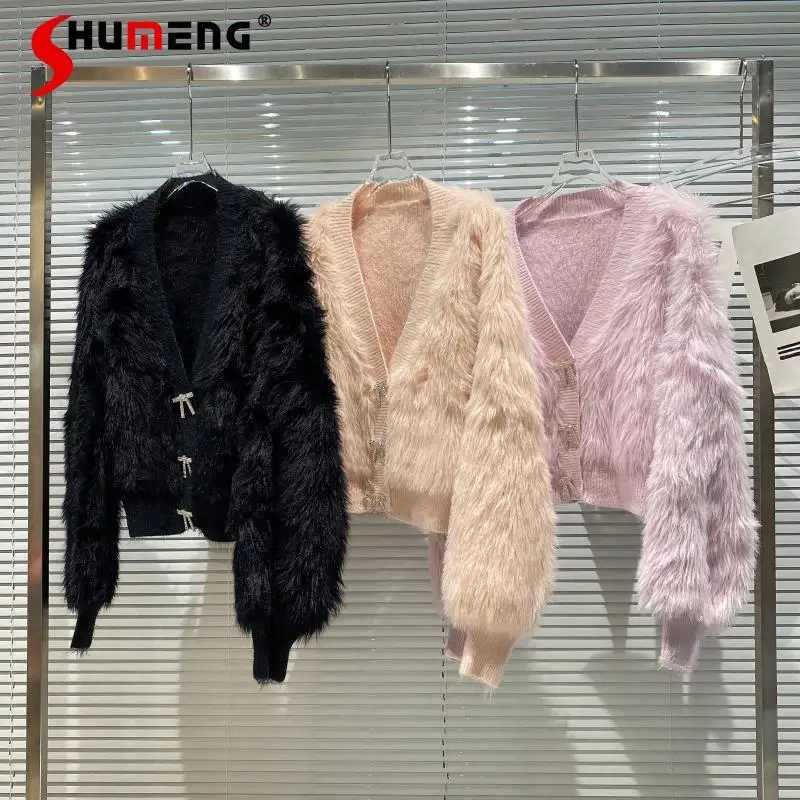 

2021 Autumn and Winter New Bow Diamond Buckle Short Knitted Cardigan Women Fashion Mink Hair V-Neck Sweater Coat Female