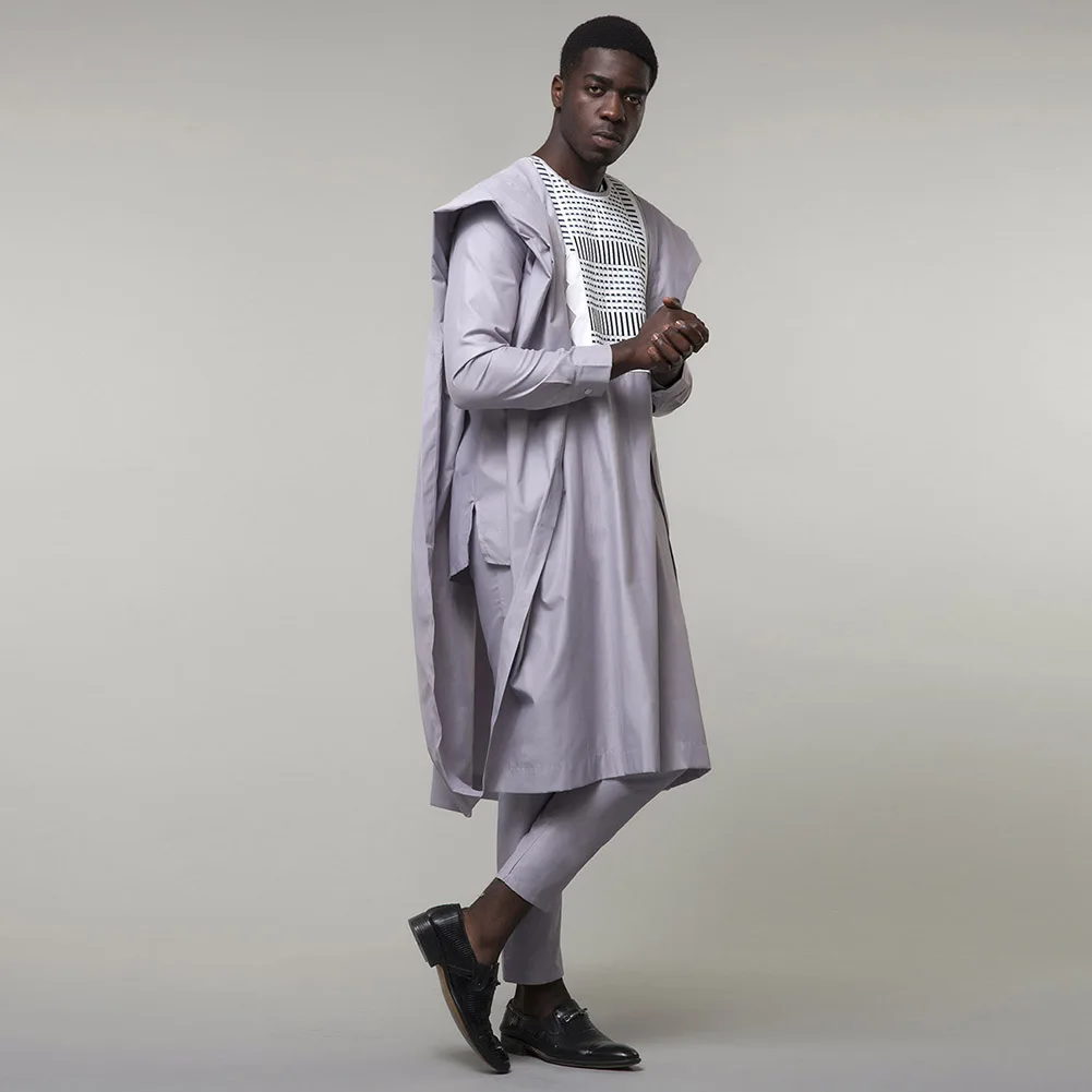 Fadzeco Agbada Мужская африканская 3 шт размера плюс Дашики белая вышивка Приталенный топ рубашка и брюки традиционная африканская одежда