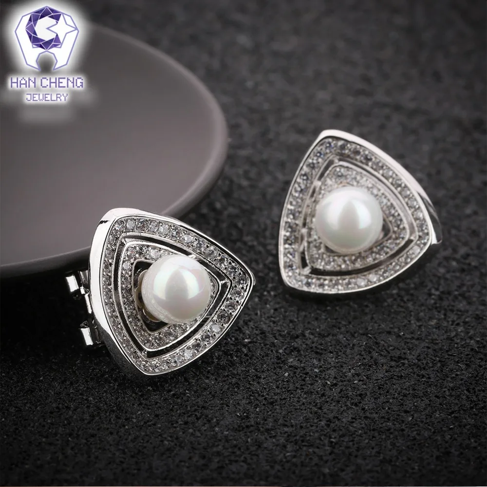 Женские Треугольные жемчужные серьги HanCheng медные серьги-гвоздики с цирконом