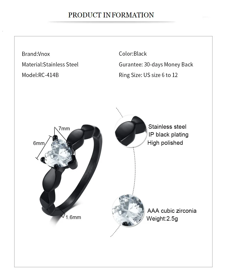 Vnox сердце любовь обручальные кольца для женщин Bling CZ Черный Нержавеющая сталь женский союз ювелирные изделия