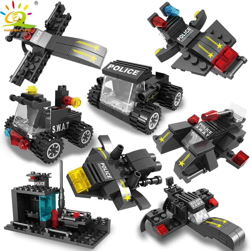 

418PCS 8in1 SWAT Aircraft Truck Robot Kit Building Blocks City Police Weapon Vehicle Figures Bricks Toys for Boy Children Gift