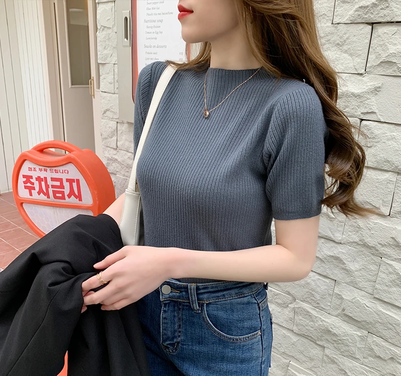 

Женский пуловер с коротким рукавом, простой облегающий Универсальный пуловер с круглым вырезом в Корейском стиле, лето 2021