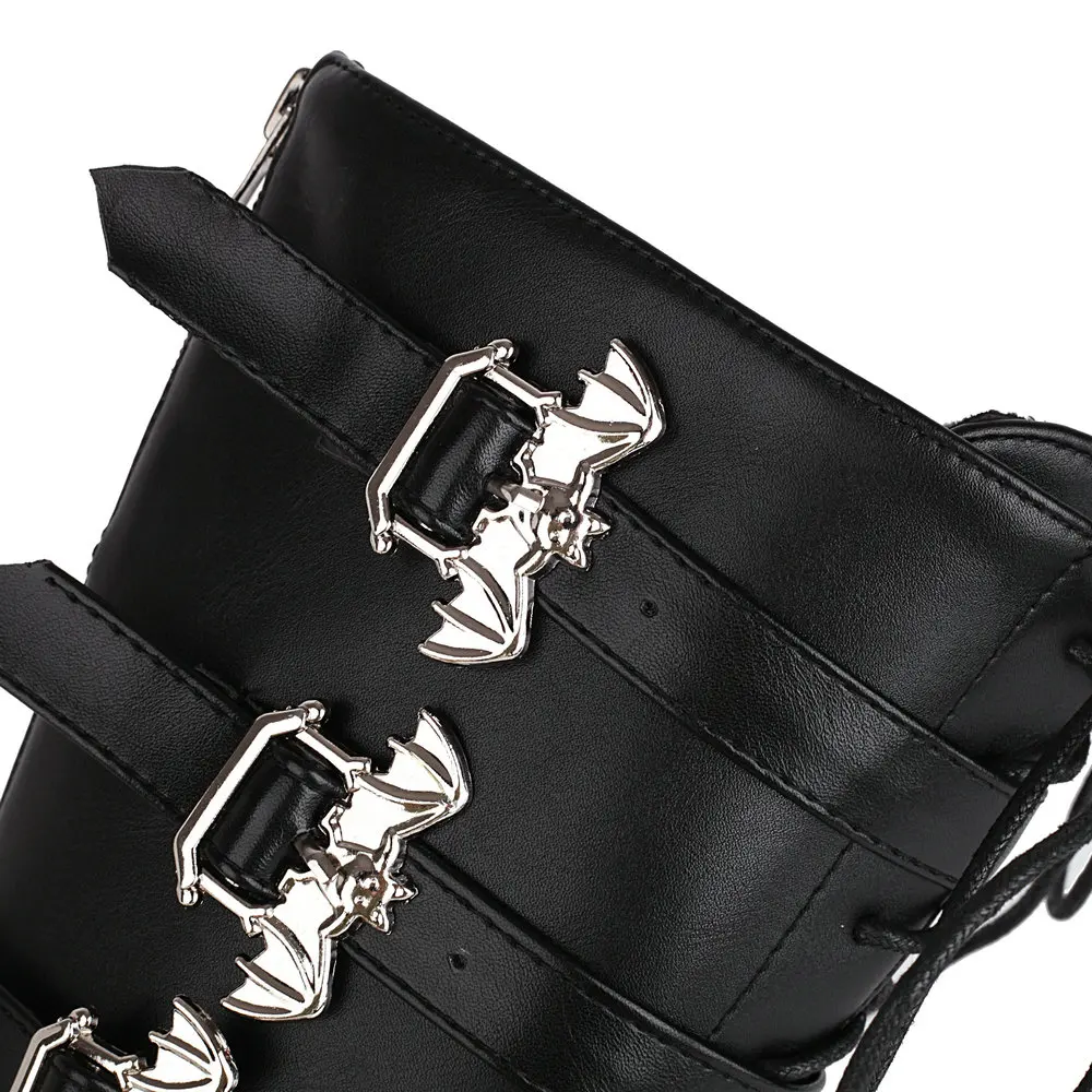 Women Leather Chunky Motorcycle Boots Punk Midi Calf 2021 Autumn Winter Gothic Black Size 35-44 Zip Bat Buckles Platform Shoes