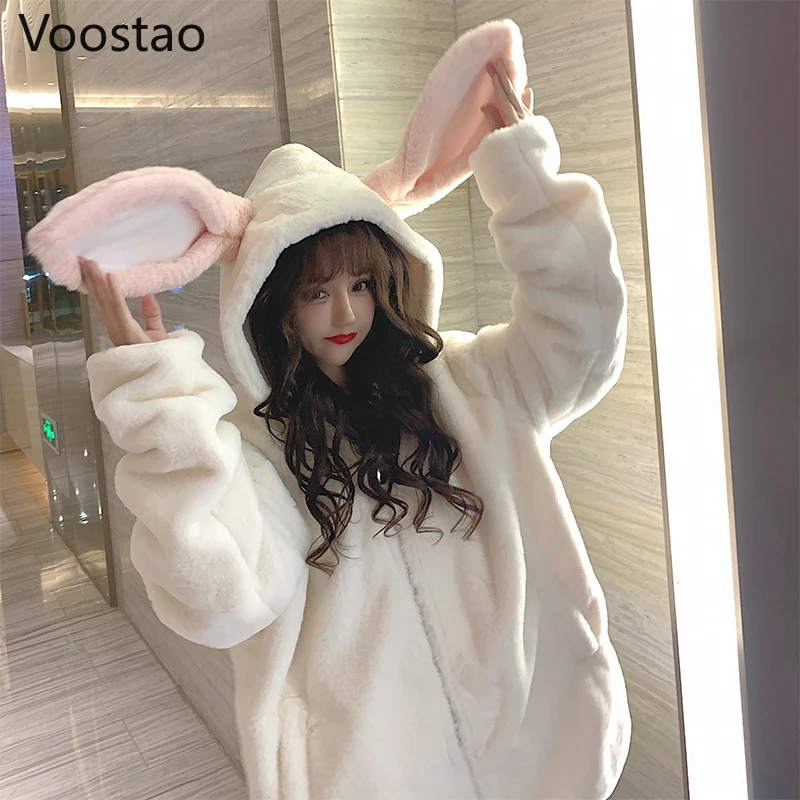 Осень зима готика Харадзюку пара толстовки с капюшоном милыми заячьими ушками