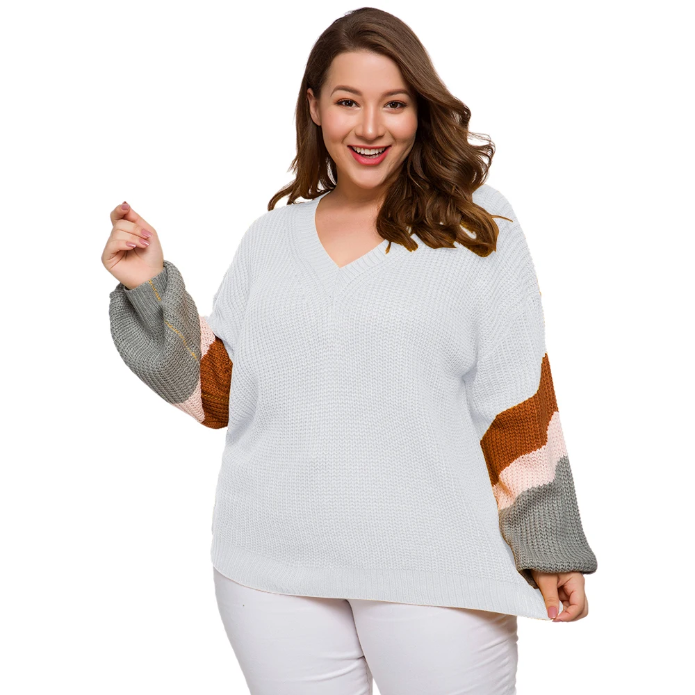 Женский свитер в полоску с длинным рукавом и V-образным вырезом | Женская одежда