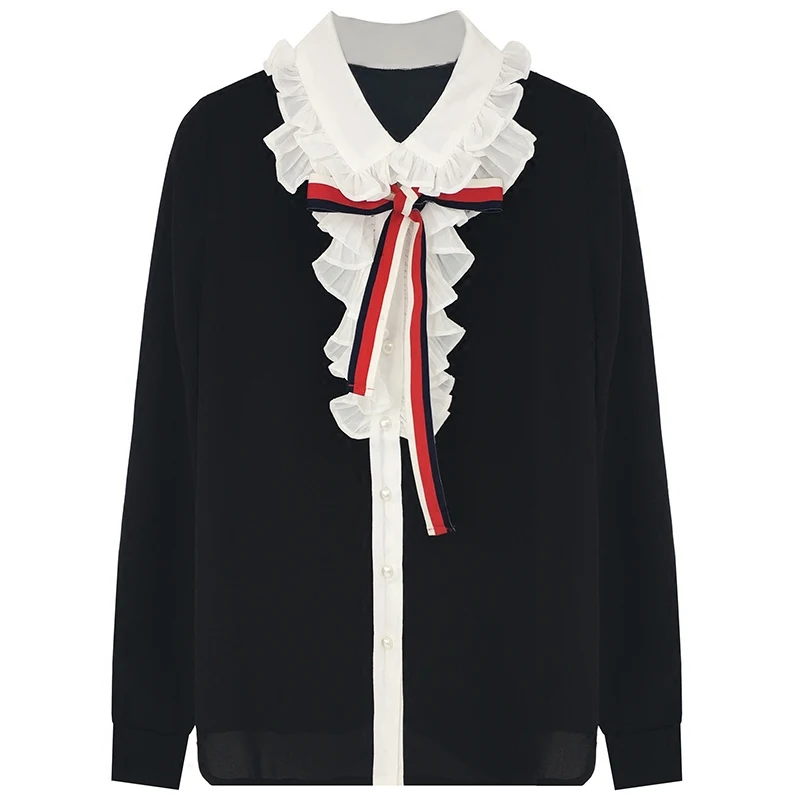 Spring Classic Bowtie Office Lady Chiffon Shirts Black Girl Ladies Long Sleeve Peter Pan Collar Blouse | Женская одежда