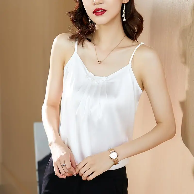 

Office Ladies Solid V-Neck Casual Women Cami Satin Spaghetti Straps Sexy Tops Backless Beading Sleeveless 2021 Summer SlimTops