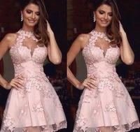 sheer pink cocktail dresses sexy halter sleeveless a line lace appliques mini short girls homecoming prom vestidos