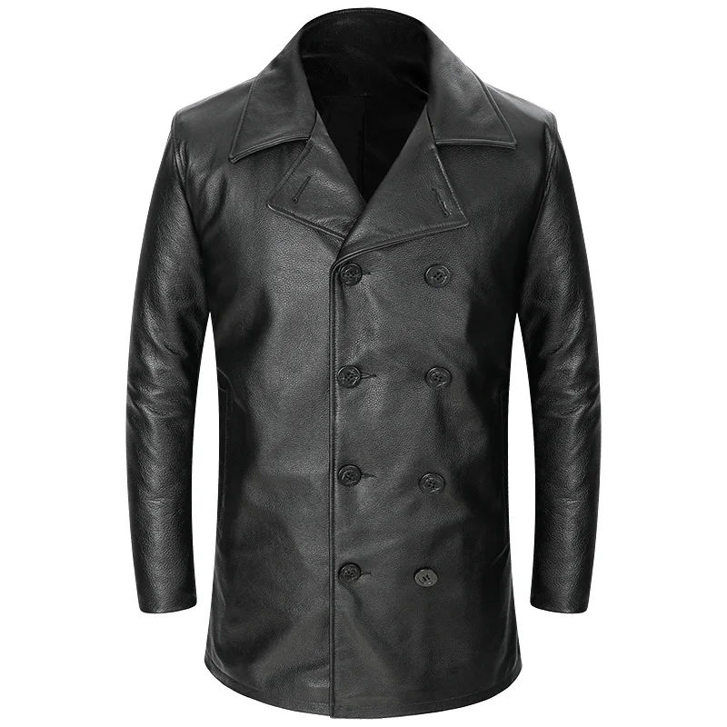 Мужская зимняя длинная куртка из натуральной кожи темно-синяя двубортная в стиле