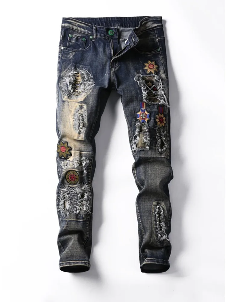 

Новинка 2020, мужские узкие эластичные джинсы, модные рваные стеганые джинсы с вышивкой, высококачественные брюки для мужчин