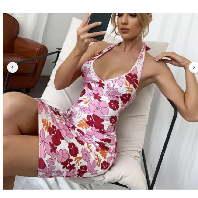 Floral Dress Women Sexy Halter Backless Female Ladies Summer Casual Flower Printed V-Neck Sleeveless Short | Женская одежда