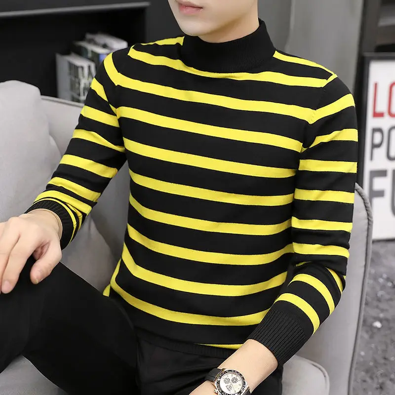 

Half high collar men's sweater T-shirt spring autumn Plush thickened black and white stripe trend middle collar with undercoat