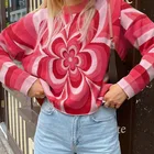 Женский вязаный свитер Y2K, свободные пуловеры в полоску с цветочным принтом, модный джемпер с длинным рукавом и высоким воротником, осень 2021