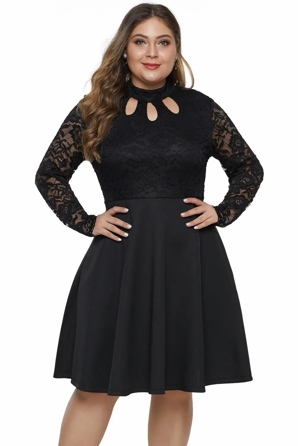 Черное Кружевное Бюстье с вырезом под ключ женское платье высоким воротником