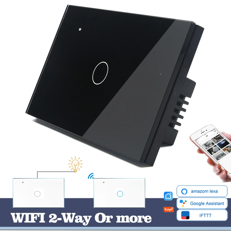 

WIFI Touch Light Wall Switch Black Glass Blue LED 118*72mm Smart Home Phone Control 1Gang 2Way Round Alexa Google Home Alice