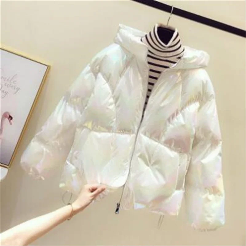 

Shiny Wash-free Down Padded Jacket Women Short Coats Winter Hooded Zip Outwear Loose Puffer Parkas New Female Cotton Jacket Coat