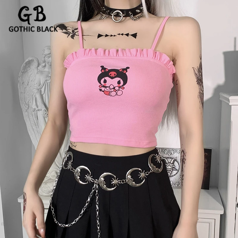 

Gothblack Cute Pink Cartoon Print Ruffles Slim Camisole New 2021 Summer Women Slash Neck Knitted Cropped Top Simple Streetwear