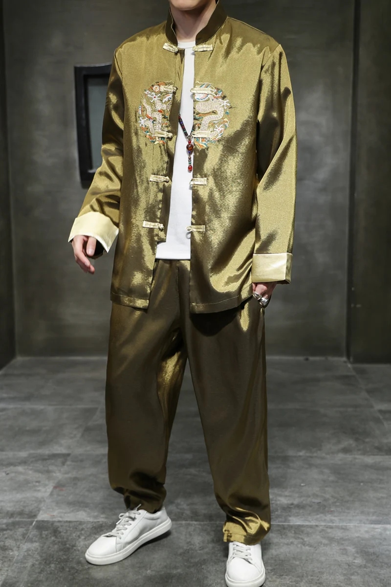 Chinese Style Men's Clothing Ice Silk Embroidery Golden Han Suit Tang Buckle Set Two-piece Traditional | Тематическая одежда и