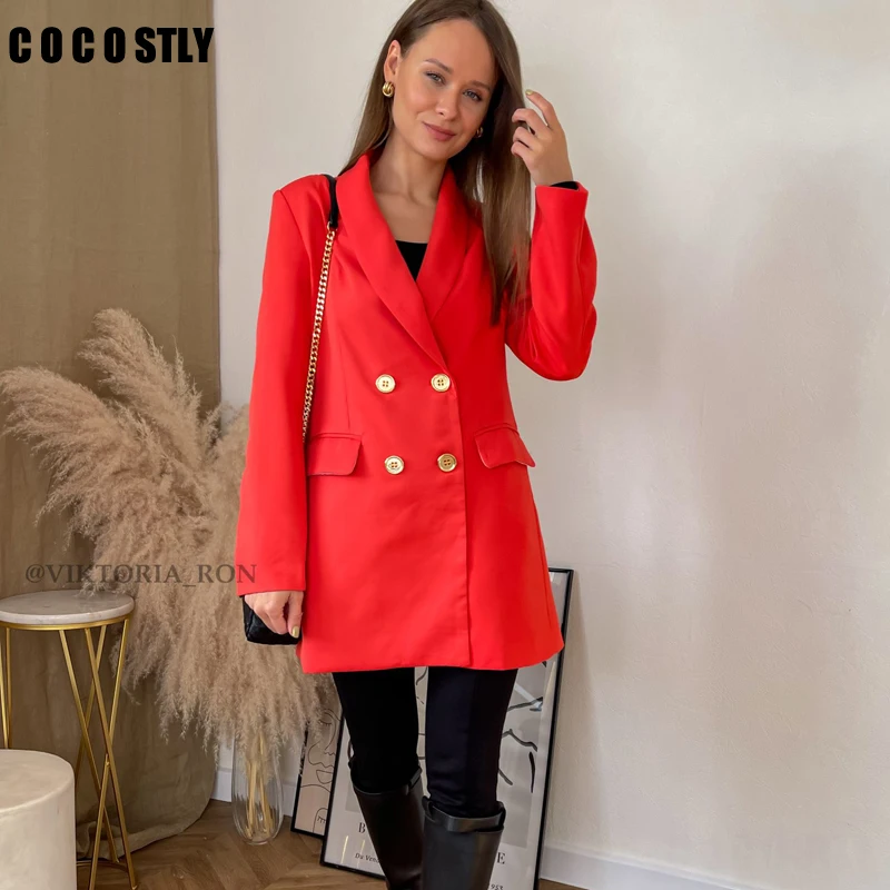 

Женский двубортный блейзер с карманами, длинный винтажный Блейзер красного и белого цветов с длинными рукавами, верхняя одежда, 2022