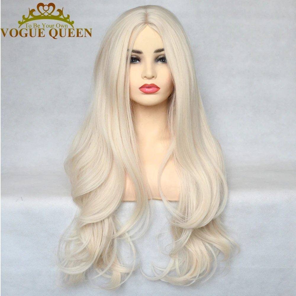Vogue Queen Platinum Blonde Synthetic Natural Wave Full Machine Made Long Wig Heat Resistant Fiber Cosplay For Women