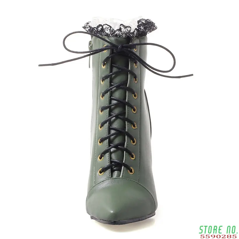 Winter Women Martin Boots 8cm Thin Spike High Heels White Black PU Casual Office Female Pointed Toe Lace Up Stiletto Ankle Boots