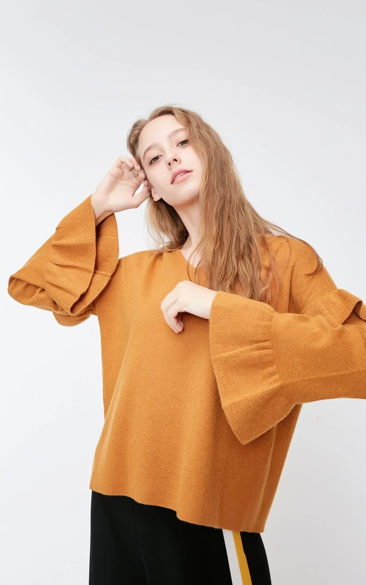 Vero Moda Новое поступление женские расклешенные рукава v-образным вырезом свободный крой гофрированные трикотажные | 318324523