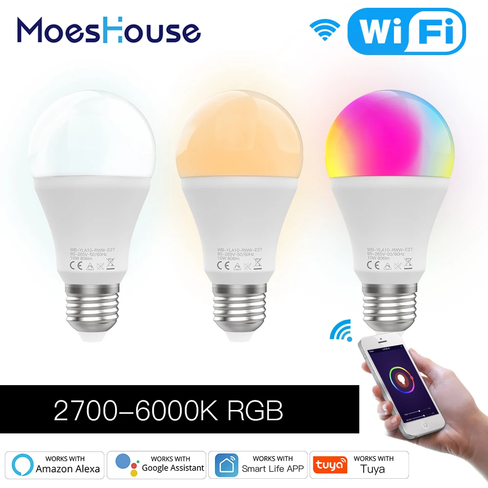 WiFi Smart LED Dimmable Lamp 10W RGB C+W Life Tuya App Remote Control Work with Alexa Echo Google Home E27 | Обустройство дома
