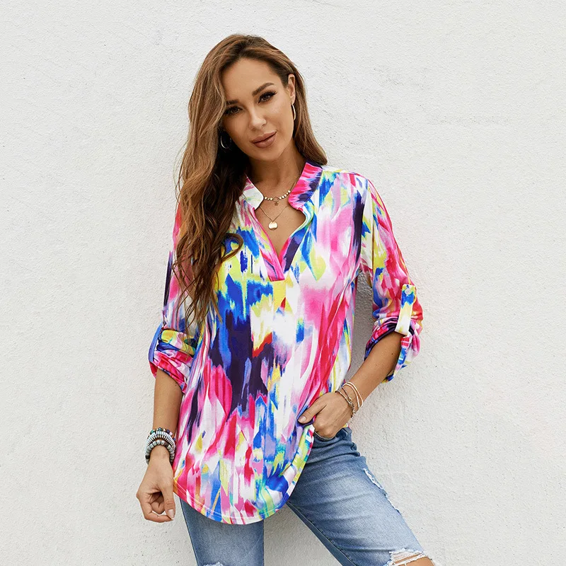 

2021 Fashion Women's Blouse New Summer Casual V-neck Pullover Printing Loose Plus Size Long Sleeve Blouse Top