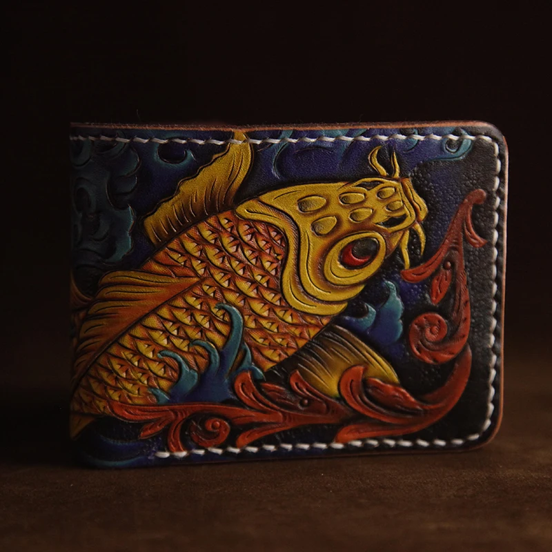 Hand-made Short Cow Leather Wallets Carp Purses Men Acalanatha Clutch Vegetable Tanned Leather Wallet Card Holder