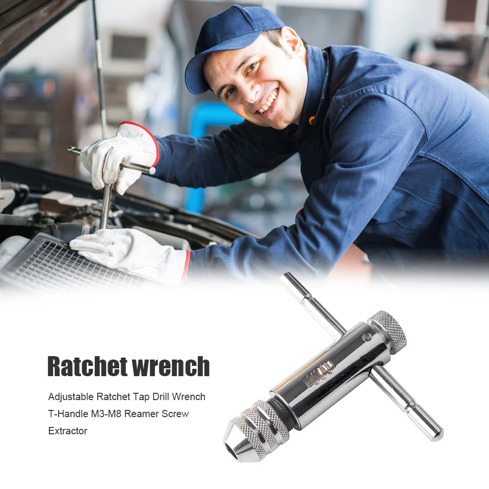 

Multifunction Adjustable Ratchet Tap Drill Wrench T-Handle M3-M8 Reamer Screw Thread Extractor Spanner Holder Hand Hardware Tool