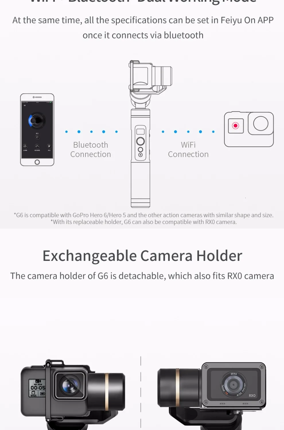FeiyuTech G6 ручной карданный стабилизатор брызгозащищенный Wifi Bluetooth OLED экран для Gopro Hero 7 6 5 sony RX0 Yi
