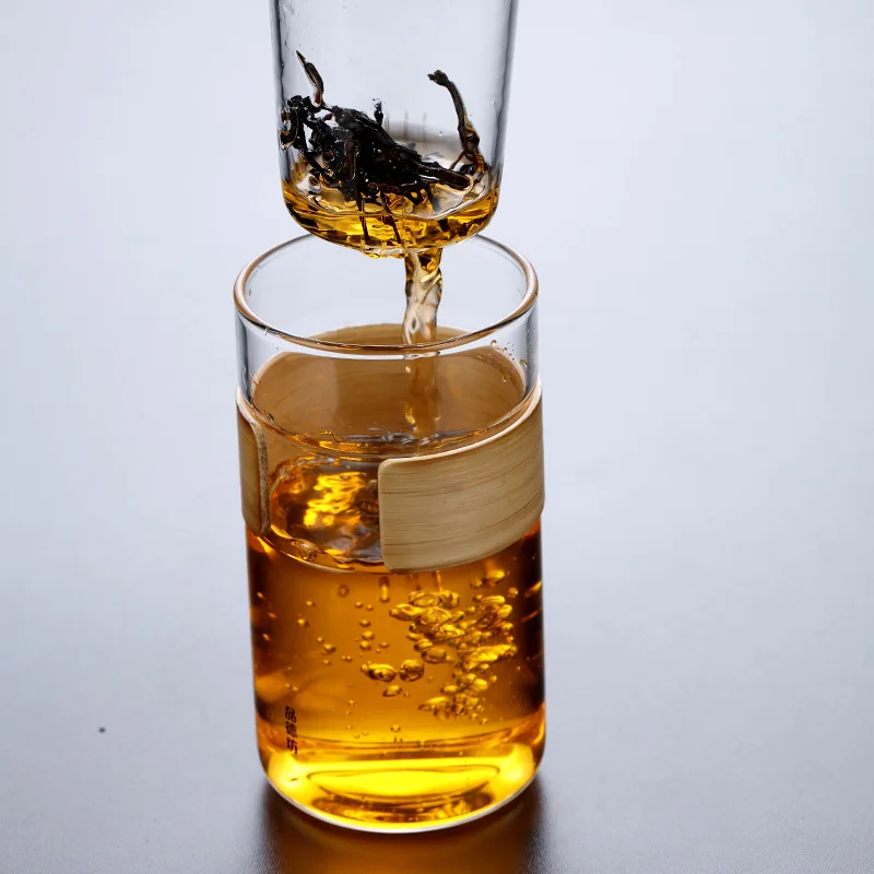 

Wooden design Heat Resistant outdoor tea glass cup with Tea Infuser Filter 210407-07