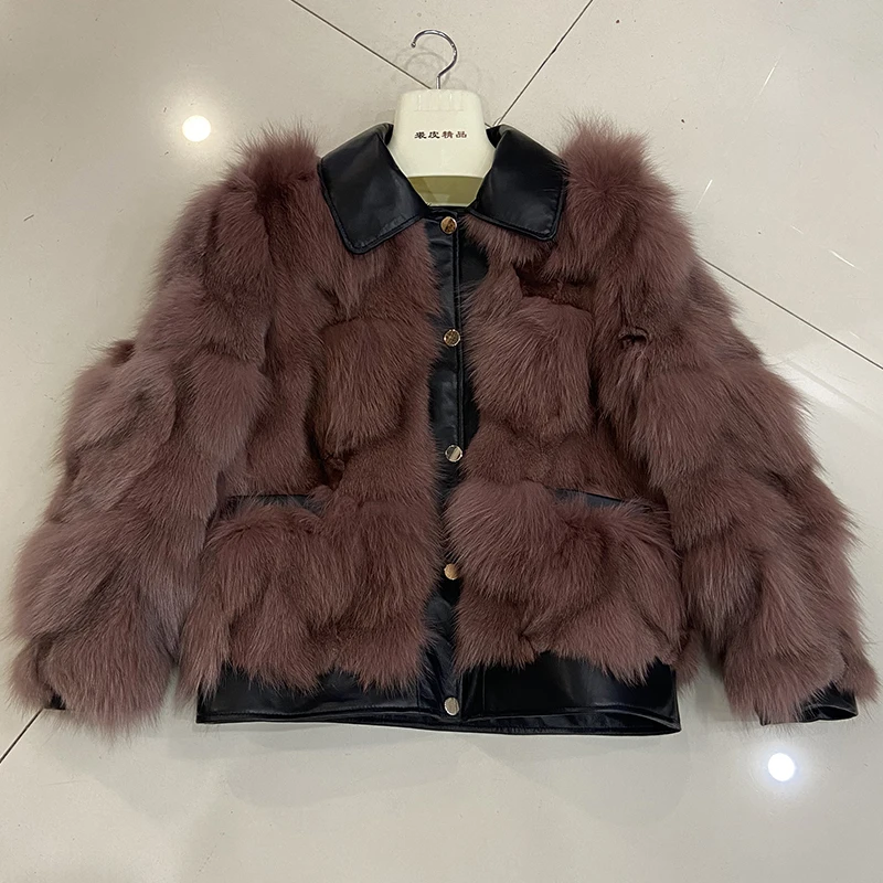 Women Winter Thick Warm Real Fox Fur Jacket Coat Fashion Female Genuine Leather Collar Coats Lady's Fox Fur Overcoat