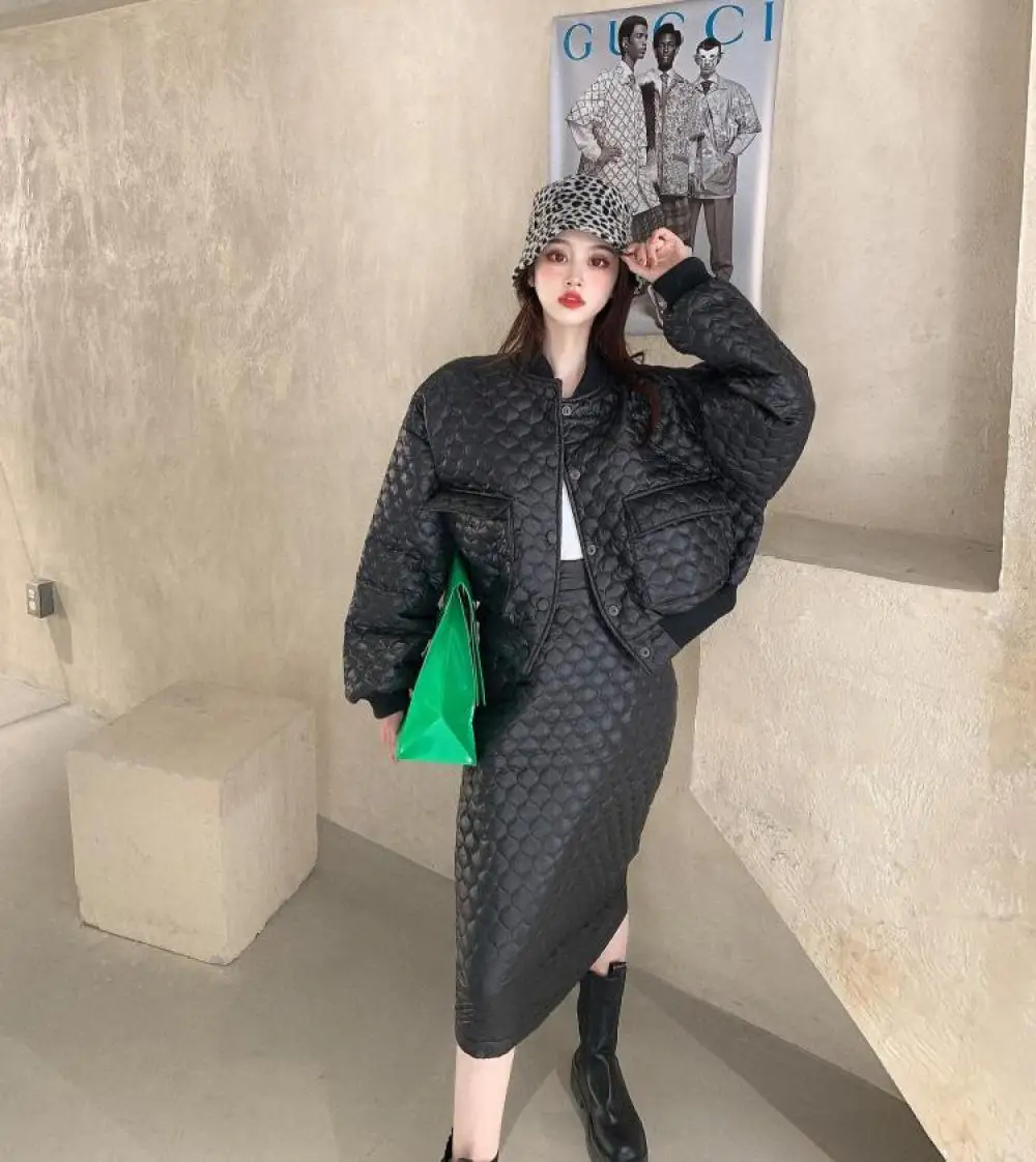 2022 Fall Cotton-Padded Collar Set Zipper Loose Long Sleeve Warm Winter Cotton Baseball Jackets+Mid-Length Skirt Two-Piece Suit