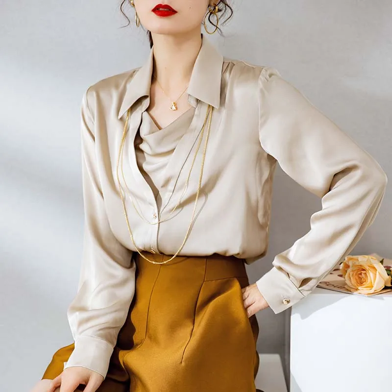 

19mm 93% Silk 7% Spandex Women's Shirt Turn Down Collar Long Sleeves Fashion Casual Blouse Camisas Tops