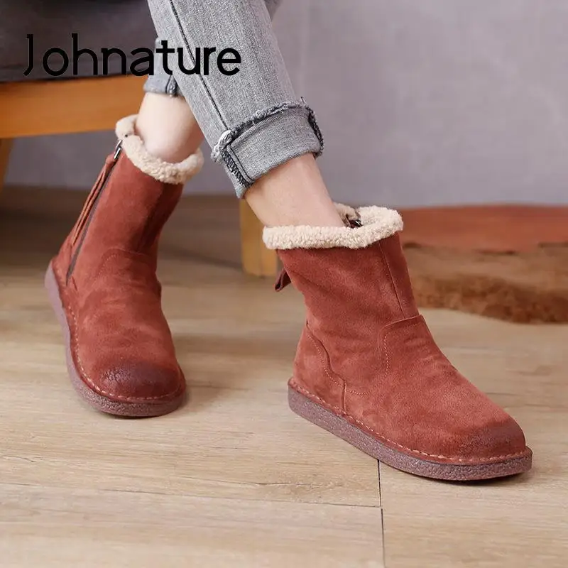 

Johnature Winter Boots Women Shoes Zip Genuine Leather Plush Warm Round Toe Flat With Leisure Sewing 2022 New Retro Ankle Boots