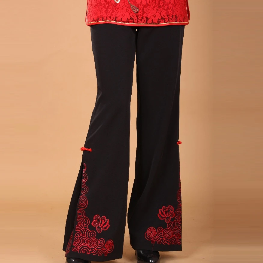 Новые китайские традиционные женские брюки черного цвета с вышивкой в