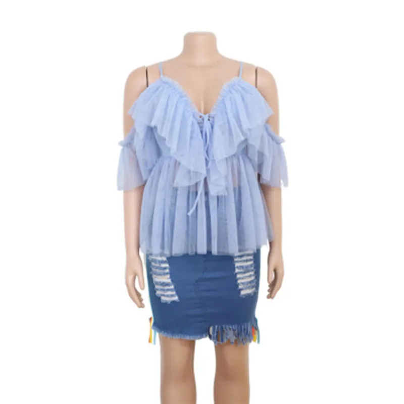 

Summer Women Sexy Mesh Sling Tops Fashion Strapless V-neck Ruffled Straps Perspective Tops Women