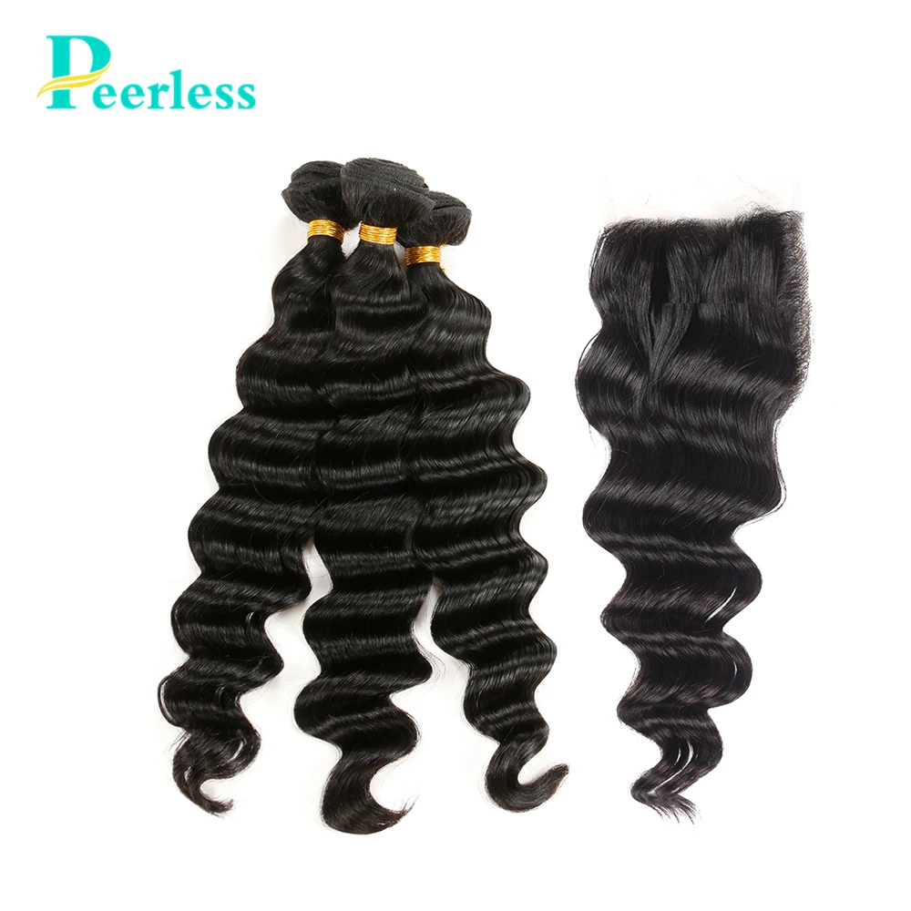 Необработанные натуральные бразильские волосы PEERLESS 3 пряди с застежкой 4*4