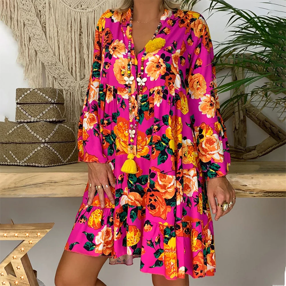 Fashion Summer Women Boho Floral Long Sleeve Dress Holiday Beach Shirt Ladies Print Mini Plus Size | Женская одежда