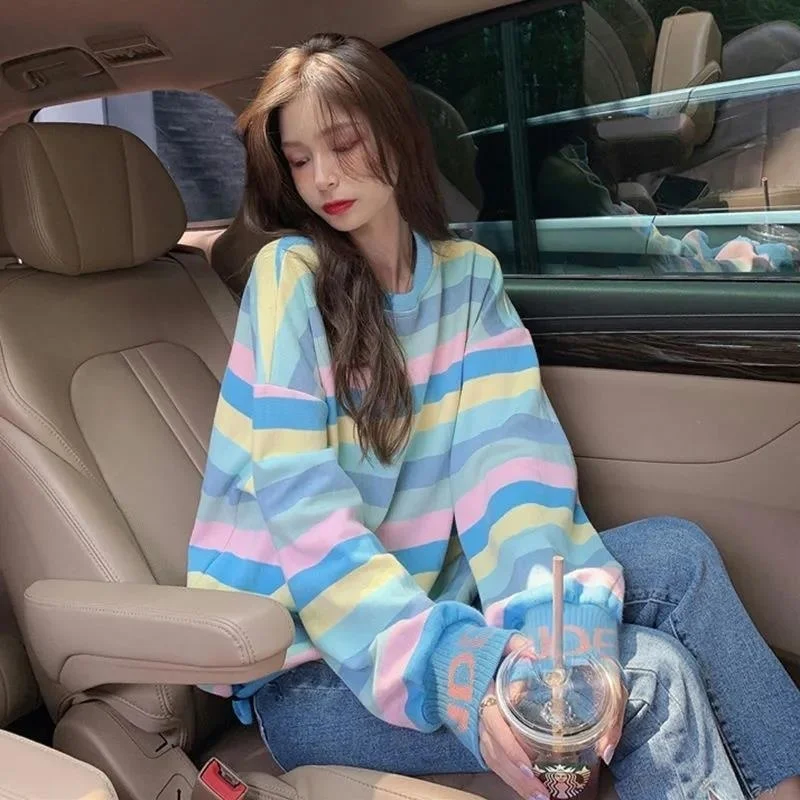 

Rainbow Striped Sweater Autumn New Loose Long Sleeve Outer