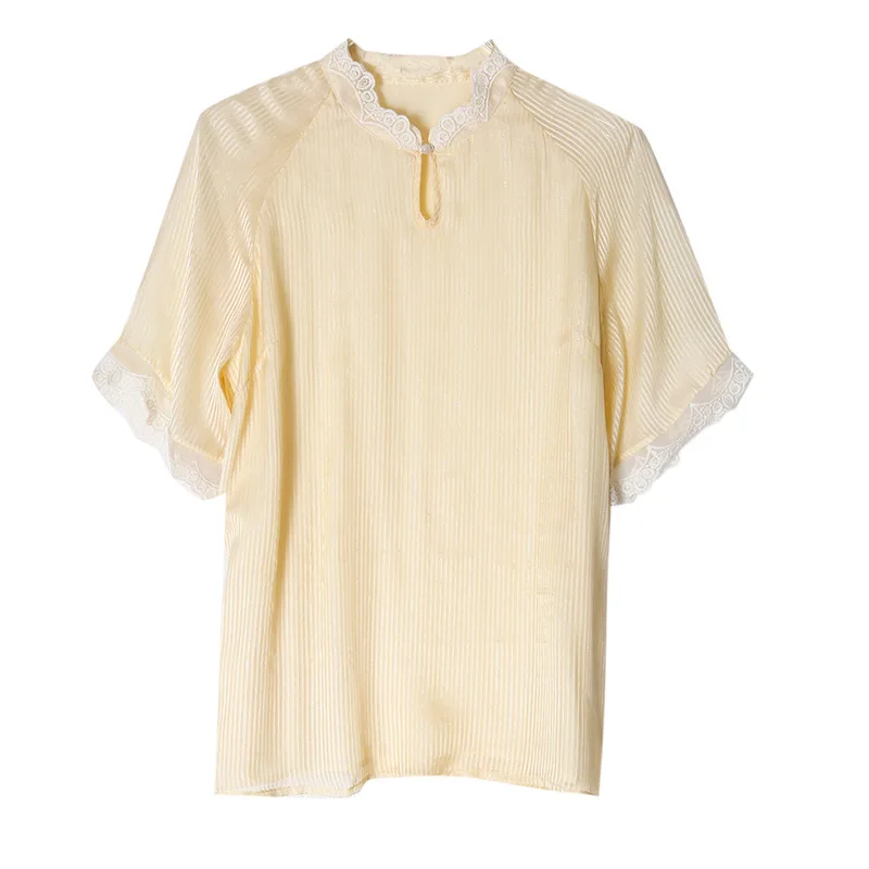 

Женская блузка с коротким воротником-стойкой, шифоновый жаккардовый топ с принтом из шелка тутового шелкопряда, блузка средней длины с рука...